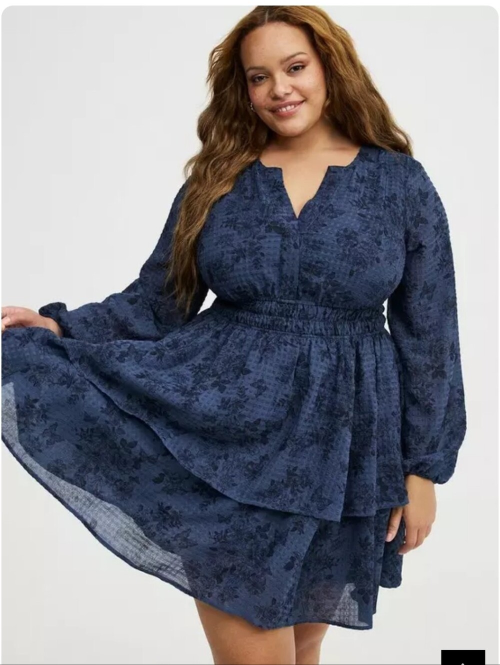 Torrid navy floral dress features a smocked waist and tiered skirt NwOT